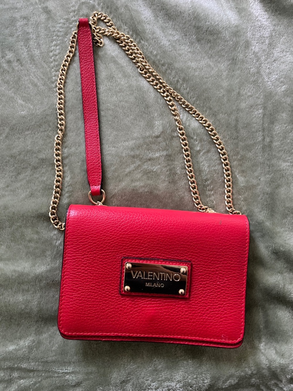 Valentino Red Leather Chain Crossbody Bag with Gold Plaque